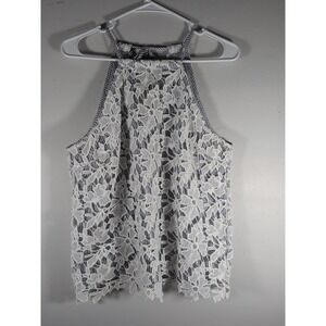 Adiva Women's Size Medium Halter Top Blue/White Striped Lace Overlay Casual Tank